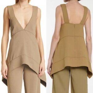 NEW Proenza Schouler Plunge Rumpled Pique Top Khaki Brown Size 12 Asymmetric Hem
